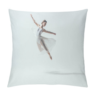 Personality  Elegant Ballet Dancer In White Dress Jumping In Studio, Isolated On White Pillow Covers