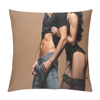 Personality  Cropped View Of Intimate Girlfriend In Black Lingerie Hugging Sexy Boyfriend Isolated On Beige  Pillow Covers