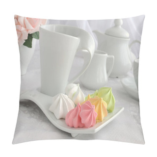Personality  Meringue Cookies Of Different Colors On A Plate With A Cup Of Co Pillow Covers