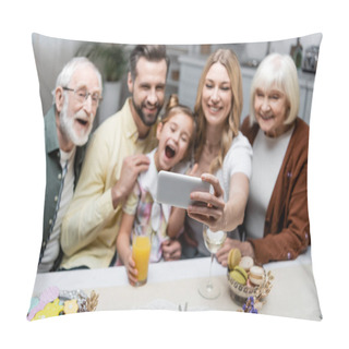 Personality  Woman Taking Selfie On Smartphone With Blurred Family During Easter Dinner Pillow Covers
