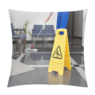Personality  Man With Mop And Wet Floor Sign Pillow Covers