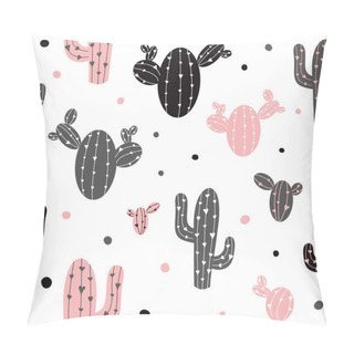 Personality  Cactus Seamless Pattern Vector Illustration Concept Of Pink Black Cactus With Heart On White Background. Fabric Print. Hipster Design. Wallpaper, Printable Template. Cover, Wrap, Textile, Cloth, Paper Pillow Covers