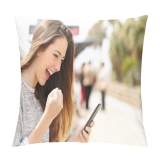 Personality  Euphoric Woman Watching Her Smart Phone In A Train Station Pillow Covers