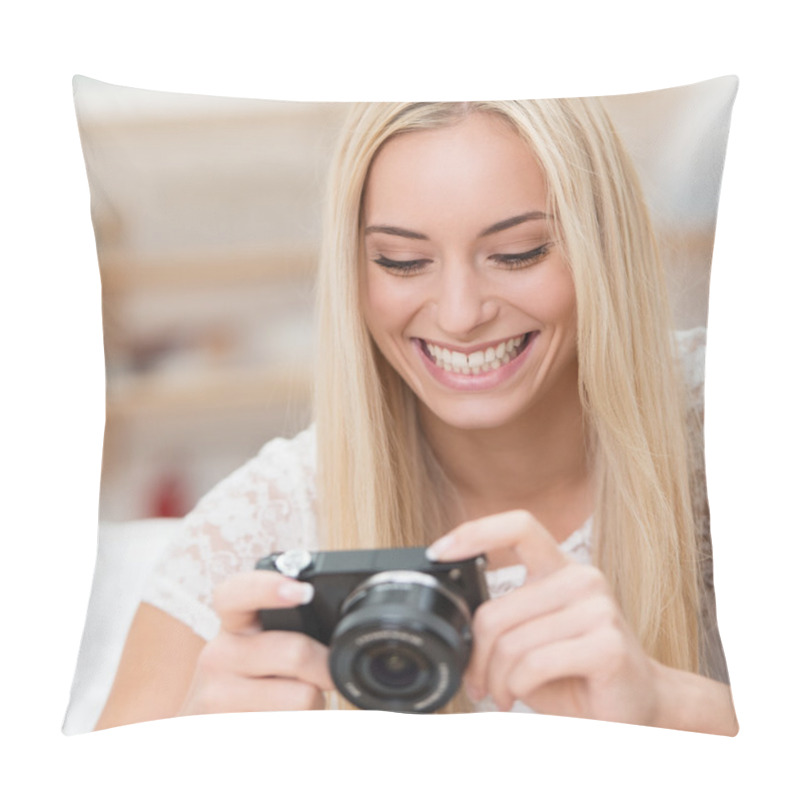 Personality  Delighted Woman Viewing A Photo Pillow Covers