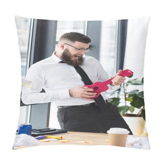 Personality  Emotional Businessman Pretending To Play Toy Guitar In Office Pillow Covers