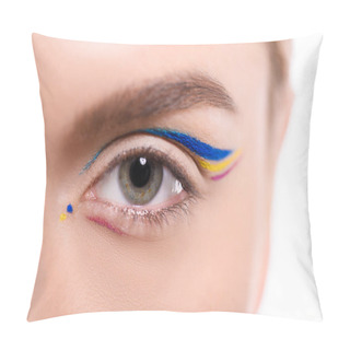 Personality  Cropped Image Of Woman With Colored Liner Makeup Isolated On White Pillow Covers