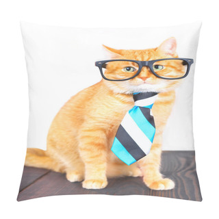Personality  Cute Red Cat With Glasses And A Tie Sitting On A Table. Pillow Covers