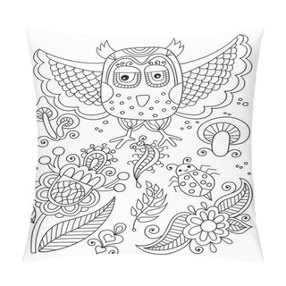 Personality  Line Drawing Of Forest Elements - Owl, Flowers, Mushrooms, Berri Pillow Covers