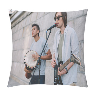 Personality  Team Of Young Male Multiracial Friends Playing Music And Singing In Urban Environment Pillow Covers