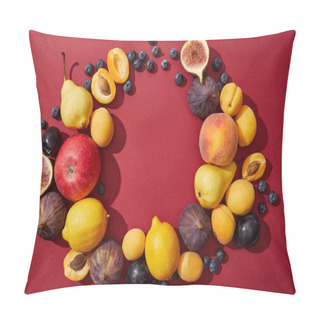 Personality  Top View Of Various Fresh Ripe Sweet Summer Fruits On Red Background  Pillow Covers