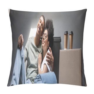 Personality  Positive African American Couple Hugging Near Coffee On Carton Box On Attic In New House, Banner Pillow Covers
