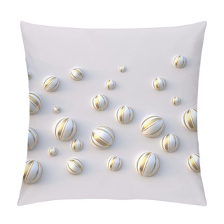 Personality  3 D Illustration. Abstract Background. White Balls With A Stripe Of Gold, Of Various Sizes, Are Isolated On An Embossed Golden White Background With A Shadow. Image Background. Festive Background. Render Pillow Covers