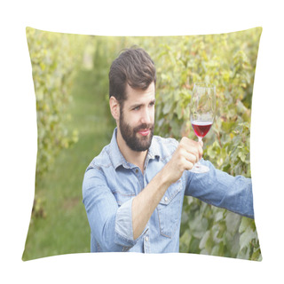 Personality  Winemaker At Vineyard Tasting Glass Of Red Wine Pillow Covers