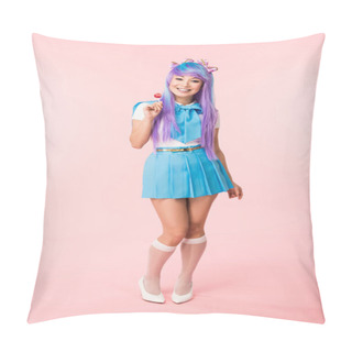 Personality  Full Length View Of Smiling Asian Otaku Girl Holding Lollipop On Pink Pillow Covers