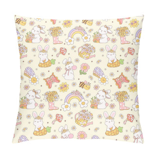 Personality  Retro Groovy Spring Bunny Doodle Seamless Pattern. Playful And Nostalgic Kid Design Isolated On Background. Pillow Covers