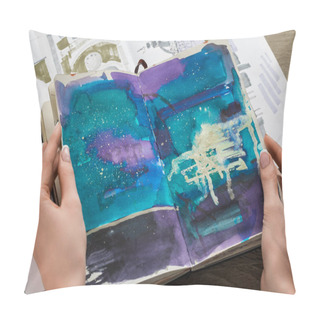 Personality  Top View Of Female Hands Holding Notebook With Abstract Blue Drawing Pillow Covers
