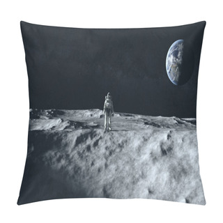 Personality  An Astronaut Stands On The Surface Of The Moon Among Craters Against The Backdrop Of The Planet Earth. Outer Space. Ultra Realistic 3d Illustration Pillow Covers