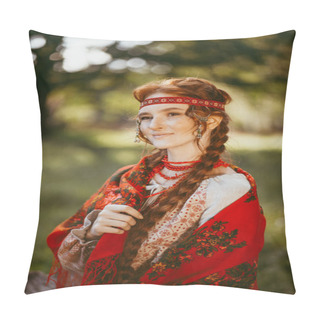 Personality  Beautiful Slavic Girl With Long Blonde Hair And Brown Eyes In A White And Red Embroidered Suit And Red Dress On The Shoulders.Traditional Clothing Of The Ukrainian Region.summer Day Pillow Covers
