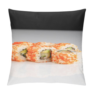 Personality  Delicious California Roll With Avocado, Salmon And Masago Caviar On White Surface Isolated On Black Pillow Covers
