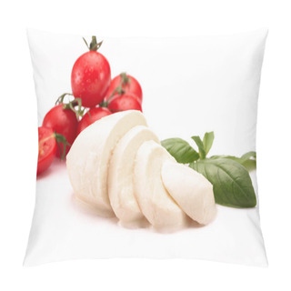 Personality  Close Up View Of Cherry Tomatoes, Mozzarella Cheese And Basil Leaves Isolated On White Pillow Covers