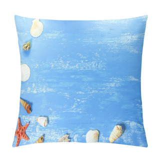Personality  Summer Background With Sea Shells And Red Star On Blue Wooden Planks. Copy Space. Marine Theme Pillow Covers