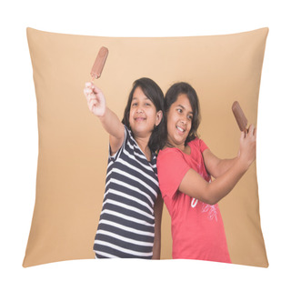 Personality Two Indian Girls Eating Ice Cream Or Ice Candy, Two Asian Girl And Ice Cream Or Ice Candy, Isolated On Brown Background, Ten Year Old Indian Girls Enjoying Ice Cream Or Ice Candy Or Choko Bar Pillow Covers