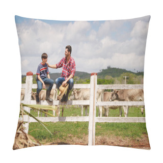 Personality  Happy Father And Son Smiling In Farm With Cows Pillow Covers