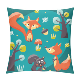Personality  Foxes, Squirrels, Trees, Acorns And Leafs Wildlife Woodland Wild Nature Colorful Mushroom Walk Pillow Covers