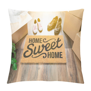 Personality  Home Sweet Home Welcome Mat, Moving Boxes, Women And Male Shoes And Plant On Hard Wood Floors. Pillow Covers