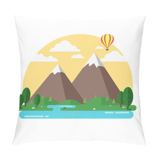 Personality  Travel Mountains Island Landscape And Sailing Color Flat Vector Icon Nature Weather Concept Template. Flat Landscapes Collection Pillow Covers