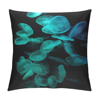 Personality  Dark Aquarium Full Of Illuminated Moon Jellyfish On Dark Background Pillow Covers