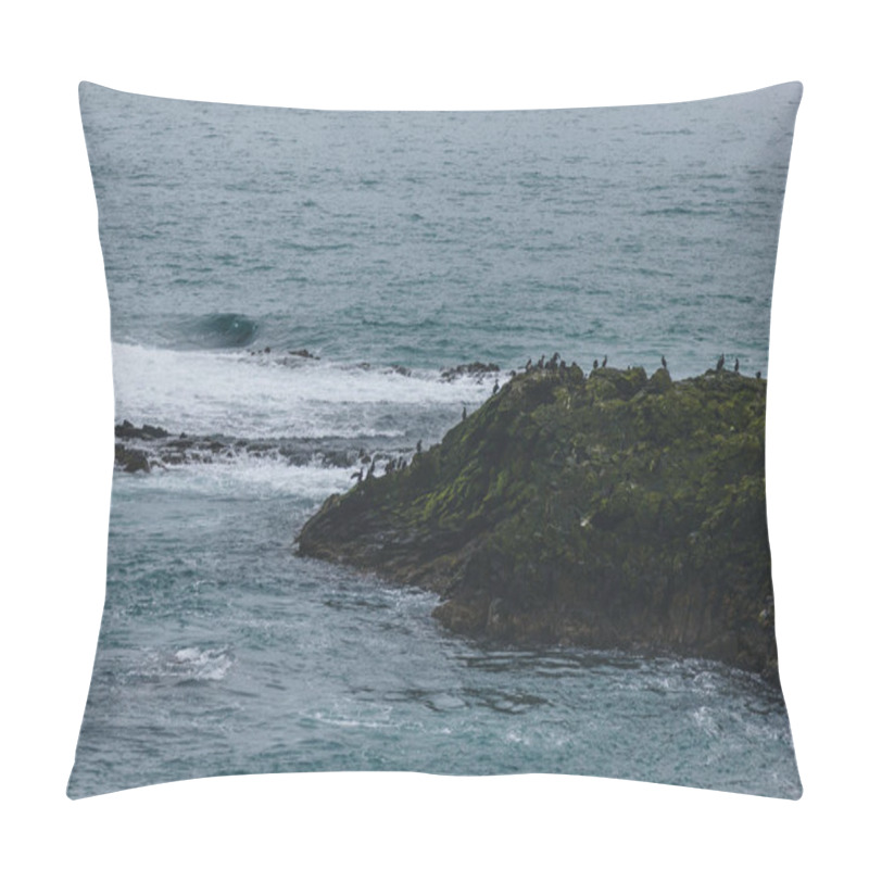 Personality  aerial view of large group of seagulls perching on rocky coast of ocean pillow covers