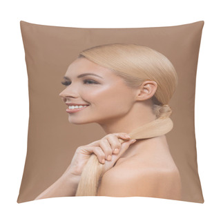 Personality  Side View Of Smiling Beautiful Blonde Hair Girl Isolated On Beige Pillow Covers