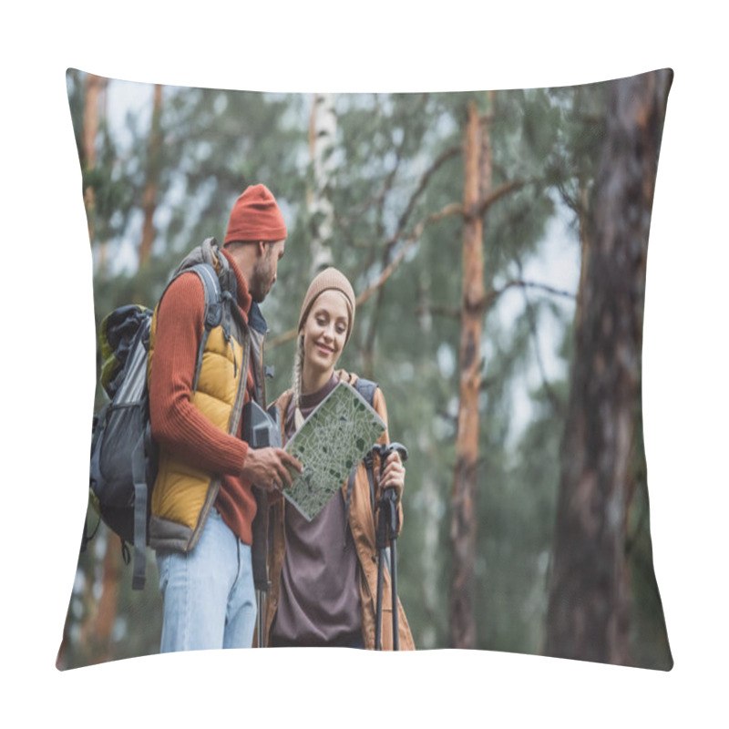 Personality  Man Holding Map And Looking At Cheerful Woman With Hiking Sticks Pillow Covers