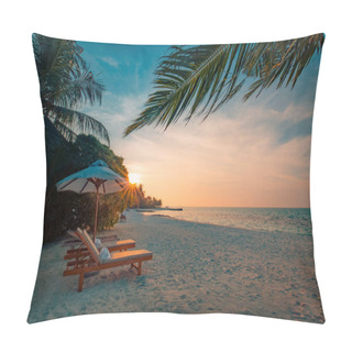 Personality  Beach Background. Beautiful Beach Landscape. Tropical Nature Scene. Palm Trees And Blue Sky. Summer Holiday And Vacation Concept. Inspirational Beach. Tranquil Scenery, Relaxing Beach. Moody Landscape Pillow Covers