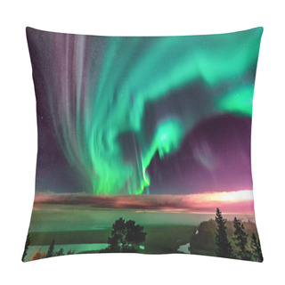 Personality  Northern Lights At Partly Clear Skies With Thick Fog Shines Above Swedish Foggy Forest Landscape In Mountains, Green Northern Lights Belt Curved Above Horizon Line, Northern Sweden, Scandinavia Pillow Covers
