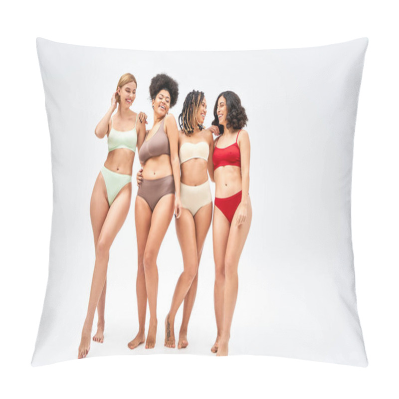 Personality  Full Length Of Happy Multiethnic Group Of Women In Colorful Lingerie Hugging And Standing On Grey Background, Different Body Types And Self-acceptance Concept, Multicultural Models Pillow Covers