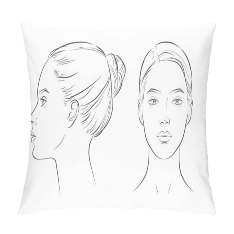 Personality  Portrait Of Young Beautiful Girl Looking Side And Front Angles. Pillow Covers