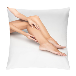 Personality  Cropped View Of Woman Touching Smooth Leg On Grey, While Sitting On Grey Pillow Covers