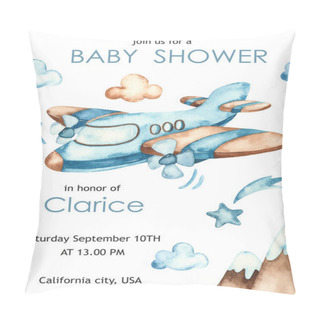 Personality  Airplane, Clouds, Mountains, Stars. Watercolor Baby Shower For Boys Pillow Covers