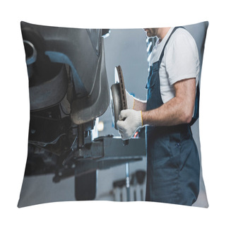 Personality  Cropped View Of Auto Mechanic Repairing Automobile And Holding Car Brake Pillow Covers