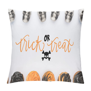 Personality  Top View Of Delicious Halloween Cupcakes And Skulls On White Background With Trick Or Treat Illustration Pillow Covers