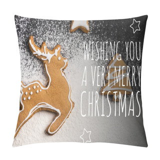 Personality  Top View Of Cookies In Shape Of Deer, Pine And Star Near Wishing You A Very Merry Christmas Lettering And Sugar Powder Pillow Covers