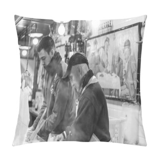 Personality  FLORENCE, ITALY - 25, MARCH, 2016: Black And White Picture Of Italian Vendors At Mercato Centrale Firenze, A Touristic Destionation Of Florence, Italy Pillow Covers