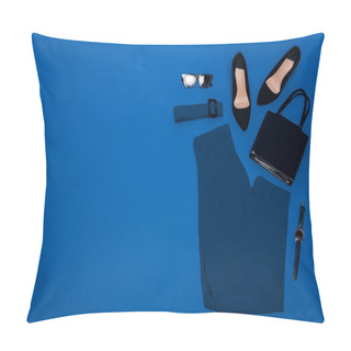 Personality  Top View Of Trousers, Heels, Belt, Bag, Wristwatch And Sunglasses Isolated On Blue Pillow Covers
