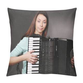 Personality  Musician Girl  Plays The Accordion Against A Dark Background Pillow Covers