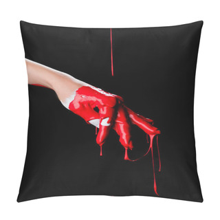 Personality  Partial View Of Painted Hand With Red Dripping Paint Isolated On Black Pillow Covers