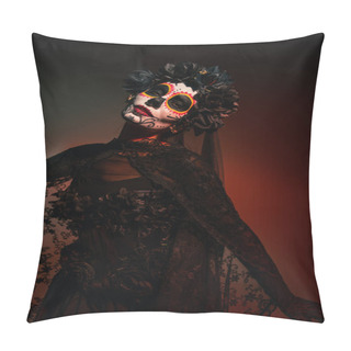 Personality  Woman In Black Wreath With Veil And Day Of Dead Makeup Looking At Camera On Burgundy Background  Pillow Covers