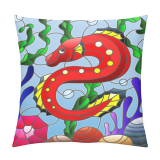 Personality  Illustration In Stained Glass Style With Abstract Colorful Exotic Red Fish Amid Seaweed, Coral And Shells Pillow Covers