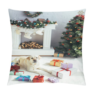 Personality  Labrador Lying Near Presents And Christmas Tree In Decorated Living Room  Pillow Covers